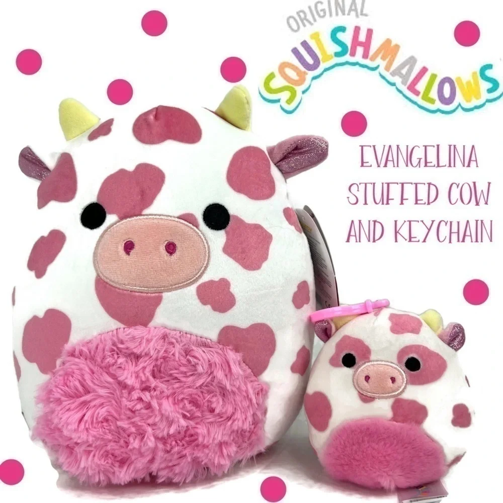 Squishmallow Pink Cow Evangelica Stuffed Animal and Keychain Set